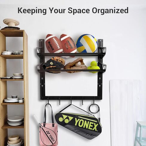 Wallmaster Garage Sports Equipment Organizer Ball Storage Rack Wall Mount Adjustable 2 Layers Steel Black Sports Gear Storage Holder with 5 Hooks in Kuwait
