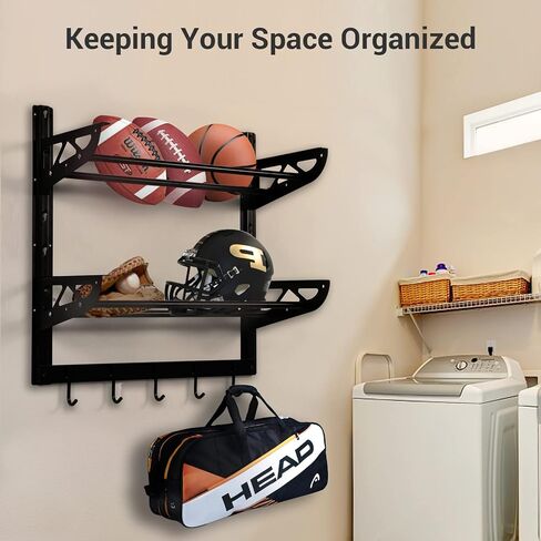 Wallmaster Garage Sports Equipment Organizer Ball Storage Rack Wall Mount Adjustable 2 Layers Steel Black Sports Gear Storage Holder with 5 Hooks in Kuwait