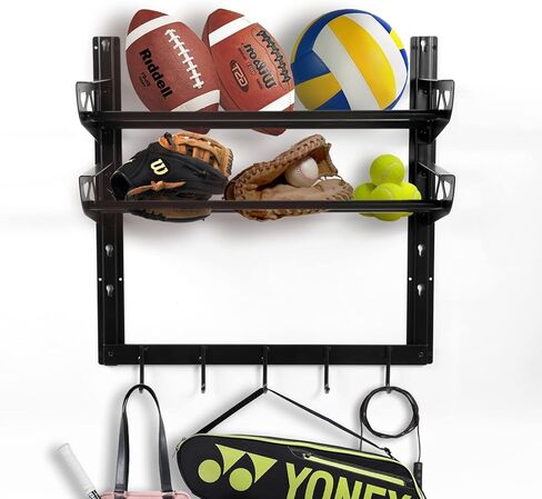 Wallmaster Garage Sports Equipment Organizer Ball Storage Rack Wall Mount Adjustable 2 Layers Steel Black Sports Gear Storage Holder with 5 Hooks in Kuwait