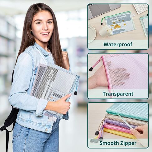 JARLINK 16pcs Mesh Zipper Pouch for Organizing, A3 Size Waterproof Zipper Storage Bags, 8 Colors Plastic File Pouch, Multipurpose for Travel, School, Board Game, Puzzles, Office, and Home Organize in Saudi Arabia