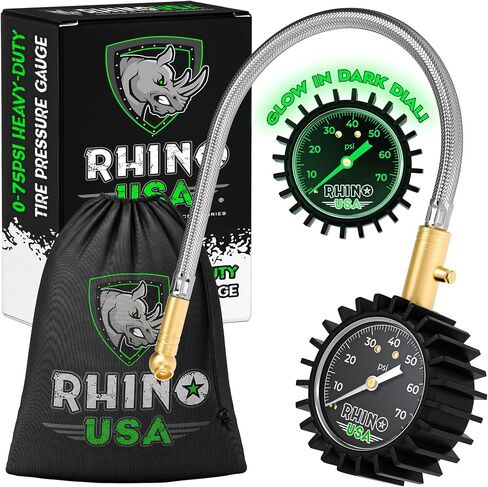 مقياس ضغط الإطارات عالي التحمل من Rhino USA (0-75 رطل لكل بوصة مربعة) - معتمد من ANSI B40.1 دقيق، قرص متوهج كبير 2 بوصة سهل القراءة، خرطوم مضفر ممتاز، أجزاء صلبة من النحاس الصلب، الأفضل لأي سيارة أو شاحنة أو دراجة نارية أو عربة سكن متنقلة... in Kuwait