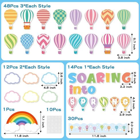 CPicdn 115Pcs Soaring into Spring Bulletin Board Classroom Decorations, Spring Hot Air Balloon Cloud Cutouts Name Tags Borders Trim Happy Spring Party Supplies School Classroom Chalkboard Wall Decor in Kuwait