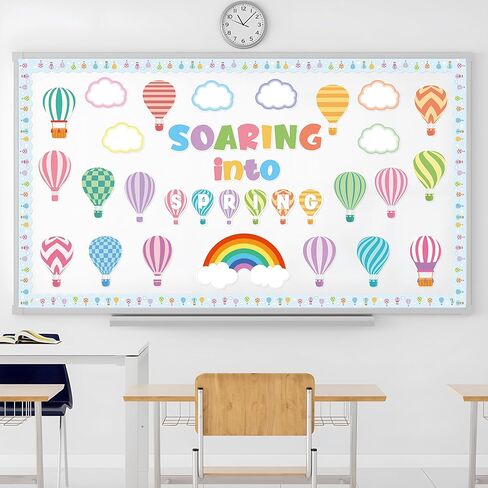 CPicdn 115Pcs Soaring into Spring Bulletin Board Classroom Decorations, Spring Hot Air Balloon Cloud Cutouts Name Tags Borders Trim Happy Spring Party Supplies School Classroom Chalkboard Wall Decor in Kuwait