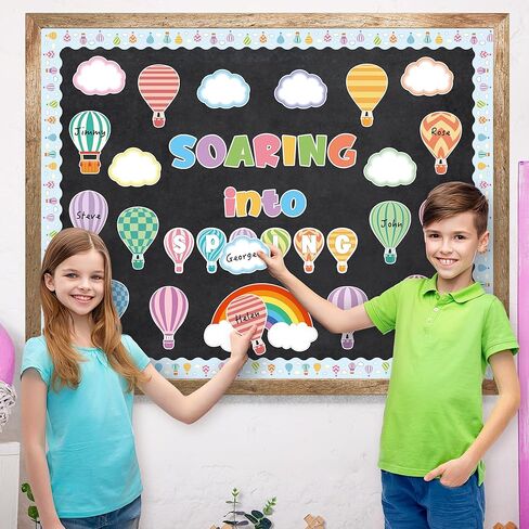 CPicdn 115Pcs Soaring into Spring Bulletin Board Classroom Decorations, Spring Hot Air Balloon Cloud Cutouts Name Tags Borders Trim Happy Spring Party Supplies School Classroom Chalkboard Wall Decor in Kuwait