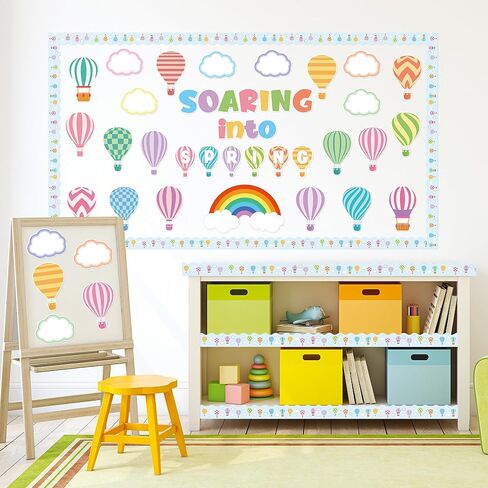 CPicdn 115Pcs Soaring into Spring Bulletin Board Classroom Decorations, Spring Hot Air Balloon Cloud Cutouts Name Tags Borders Trim Happy Spring Party Supplies School Classroom Chalkboard Wall Decor in Kuwait