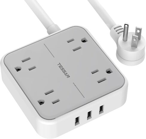 Extension Cord 10 ft, TESSAN Surge Protector Power Strip Long Cord with 3 USB(1 USB C), Flat Plug with 4 AC Outlets, Small Desktop Multiple Charging Station for Home School Dorm Room Office, Grey in Saudi Arabia
