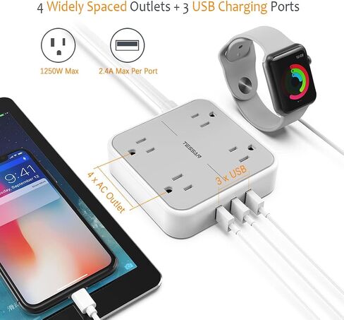 Extension Cord 10 ft, TESSAN Surge Protector Power Strip Long Cord with 3 USB(1 USB C), Flat Plug with 4 AC Outlets, Small Desktop Multiple Charging Station for Home School Dorm Room Office, Grey in Saudi Arabia