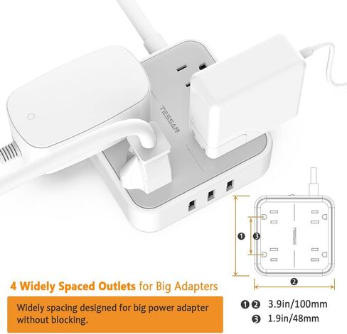 Extension Cord 10 ft, TESSAN Surge Protector Power Strip Long Cord with 3 USB(1 USB C), Flat Plug with 4 AC Outlets, Small Desktop Multiple Charging Station for Home School Dorm Room Office, Grey in Saudi Arabia