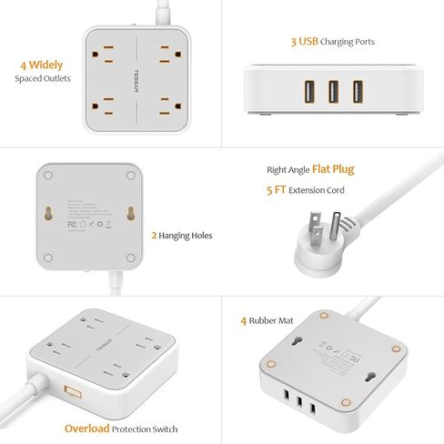 Extension Cord 10 ft, TESSAN Surge Protector Power Strip Long Cord with 3 USB(1 USB C), Flat Plug with 4 AC Outlets, Small Desktop Multiple Charging Station for Home School Dorm Room Office, Grey in Saudi Arabia