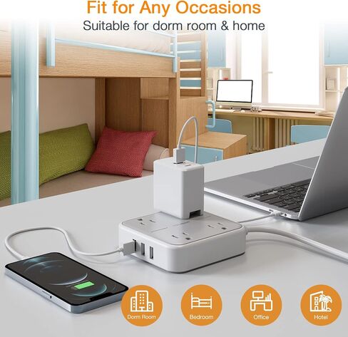 Extension Cord 10 ft, TESSAN Surge Protector Power Strip Long Cord with 3 USB(1 USB C), Flat Plug with 4 AC Outlets, Small Desktop Multiple Charging Station for Home School Dorm Room Office, Grey in Saudi Arabia