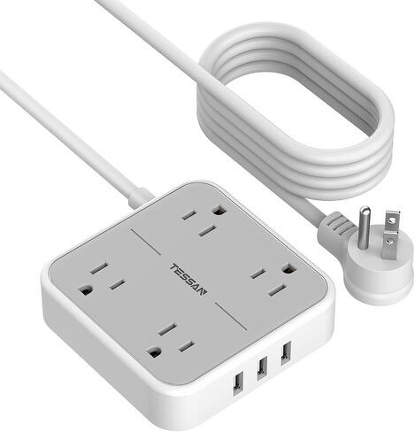 Extension Cord 10 ft, TESSAN Surge Protector Power Strip Long Cord with 3 USB(1 USB C), Flat Plug with 4 AC Outlets, Small Desktop Multiple Charging Station for Home School Dorm Room Office, Grey in Saudi Arabia