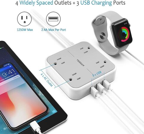 Extension Cord 10 ft, TESSAN Surge Protector Power Strip Long Cord with 3 USB(1 USB C), Flat Plug with 4 AC Outlets, Small Desktop Multiple Charging Station for Home School Dorm Room Office, Grey in Saudi Arabia