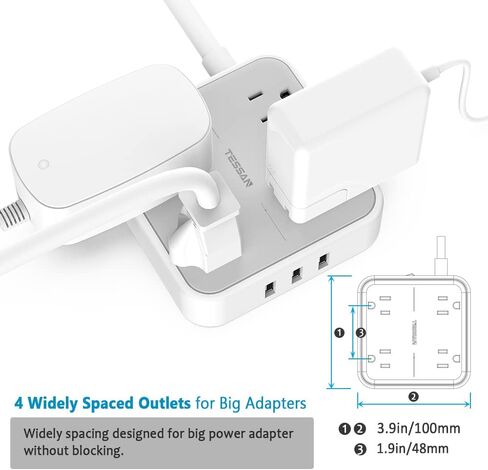 Extension Cord 10 ft, TESSAN Surge Protector Power Strip Long Cord with 3 USB(1 USB C), Flat Plug with 4 AC Outlets, Small Desktop Multiple Charging Station for Home School Dorm Room Office, Grey in Saudi Arabia