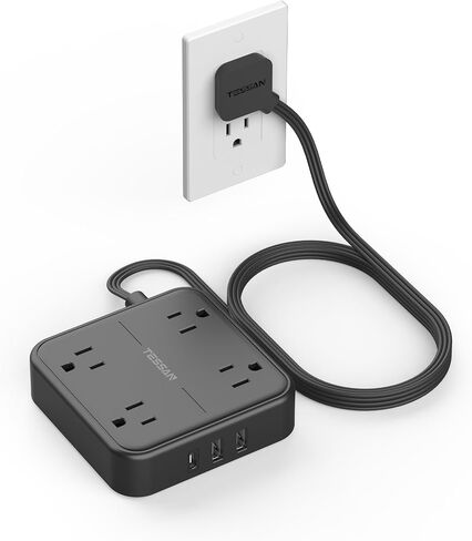 Extension Cord 10 ft, TESSAN Surge Protector Power Strip Long Cord with 3 USB(1 USB C), Flat Plug with 4 AC Outlets, Small Desktop Multiple Charging Station for Home School Dorm Room Office, Grey in Saudi Arabia