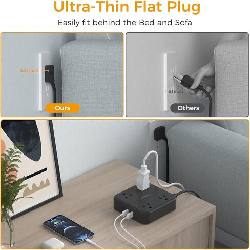 Extension Cord 10 ft, TESSAN Surge Protector Power Strip Long Cord with 3 USB(1 USB C), Flat Plug with 4 AC Outlets, Small Desktop Multiple Charging Station for Home School Dorm Room Office, Grey in Saudi Arabia
