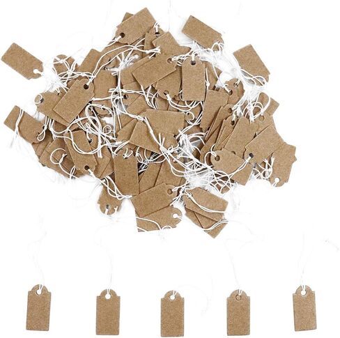 Sowaka 100 Pcs Display Tags with Hanging String Mini Writable Blank Label Display Tags for Jewelry Store Price Marking Ornament Pricing Product Clothing Hanging Tags (Small, Kraft) in Saudi Arabia