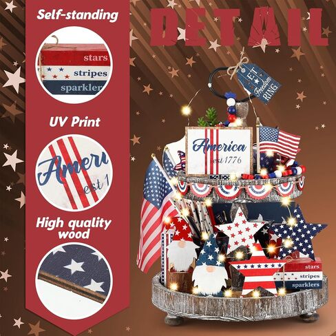 18 Pcs 4th of July Tiered Tray Decor Set Rustic Patriotic Independence Day Decoration Glow Vintage Farmhouse Memorial Day Tiered Tray Sign Wooden Red White Blue Decor for Table (Vintage) in Saudi Arabia