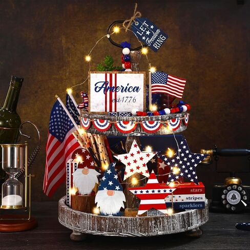 18 Pcs 4th of July Tiered Tray Decor Set Rustic Patriotic Independence Day Decoration Glow Vintage Farmhouse Memorial Day Tiered Tray Sign Wooden Red White Blue Decor for Table (Vintage) in Saudi Arabia