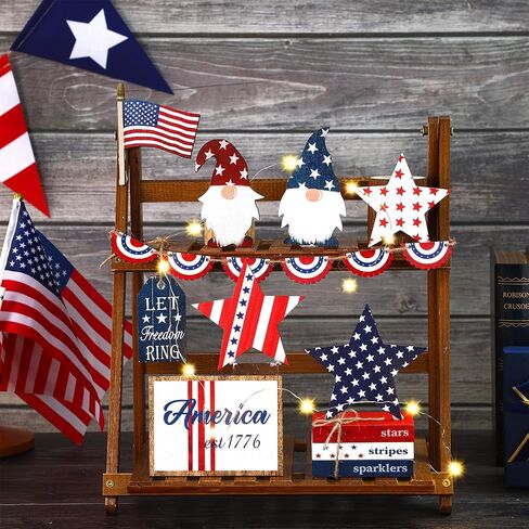 18 Pcs 4th of July Tiered Tray Decor Set Rustic Patriotic Independence Day Decoration Glow Vintage Farmhouse Memorial Day Tiered Tray Sign Wooden Red White Blue Decor for Table (Vintage) in Saudi Arabia