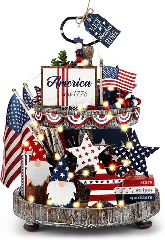 18 Pcs 4th of July Tiered Tray Decor Set Rustic Patriotic Independence Day Decoration Glow Vintage Farmhouse Memorial Day Tiered Tray Sign Wooden Red White Blue Decor for Table (Vintage) in Saudi Arabia