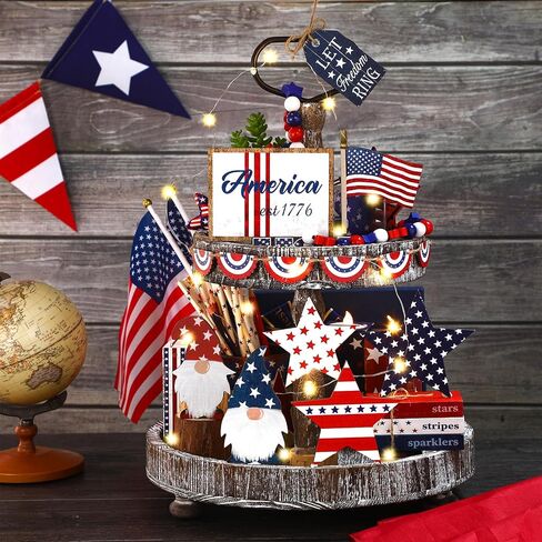 18 Pcs 4th of July Tiered Tray Decor Set Rustic Patriotic Independence Day Decoration Glow Vintage Farmhouse Memorial Day Tiered Tray Sign Wooden Red White Blue Decor for Table (Vintage) in Saudi Arabia