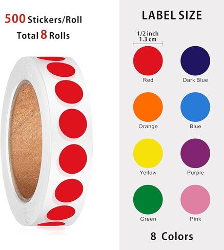 4000 قطعة من الملصقات ذات النقاط المستديرة مقاس 1/2 بوصة، ملصقات ترميز الألوان الدائرية لتنظيم علامات التلوين (8 لفات ألوان، 500 ملصق/لفة) in Kuwait