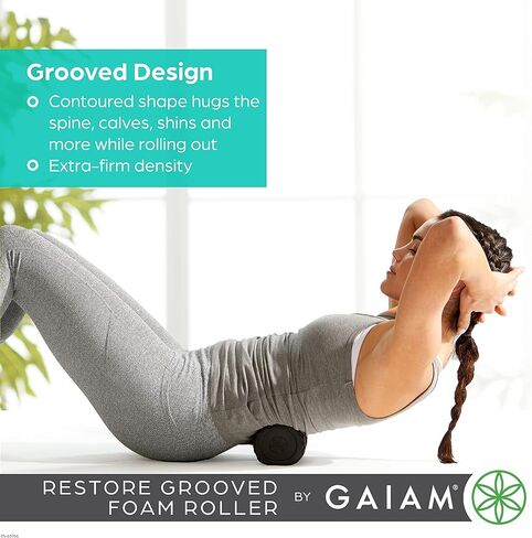 Gaiam Restore Grooved Foam Roller - Cradles The Spine, Calf, or Arms for Deep Muscle Release - Lightly Textured with Padding for Gentle Massage - 8" L x 4" D - Includes Massage Guide in Kuwait
