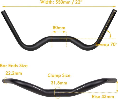 SATORI NOIRETTE CLASSIC Trekking Commuting Bike Bicycle Aluminium Alloy Swept Back Flat Handlebar 31.8x550mm - Rise 43mm - Sweep 70 Degree in Saudi Arabia