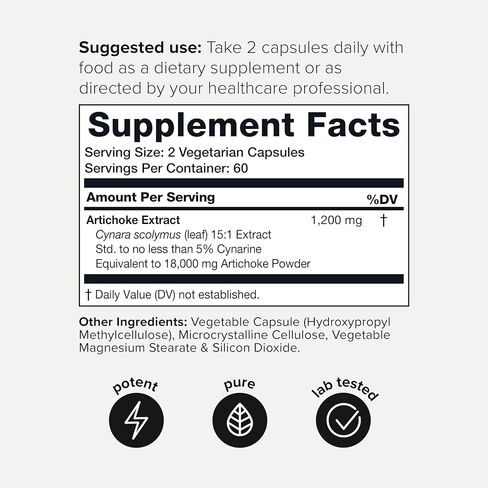 Artichoke Extract Capsules (18000mg) with 60mg of Cynarine - Digestion and Liver Support - 15 to 1 Concentrated Artichoke Leaf Extract Standardized Concentration to 5% Cynarine - 120 Veg Capsules in Saudi Arabia