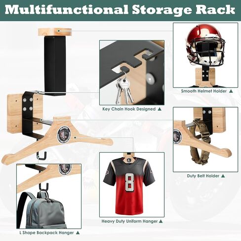 شماعة خوذة تثبت على الحائط من Aolamegs - حامل خوذة متعدد الوظائف مع شماعة ملابس وخطاف لتخزين معدات التزلج على الدراجات النارية وركوب الدراجات وكرة القدم in Kuwait