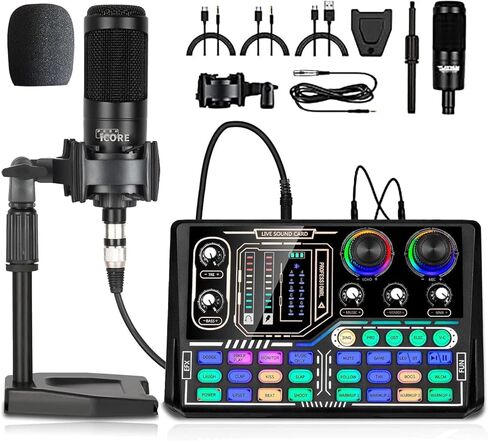 Podcast Equipment Bundle, Sound Card,Sound Board,Professional DJ Audio Interface Mixer, Portable ALL-IN-ONE Podcast Production Studio with XLR Microphone for Live Streaming, Recording and Gaming in Kuwait