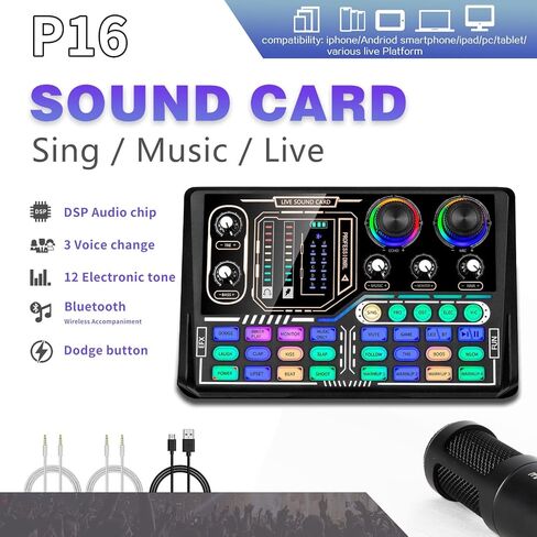 Podcast Equipment Bundle, Sound Card,Sound Board,Professional DJ Audio Interface Mixer, Portable ALL-IN-ONE Podcast Production Studio with XLR Microphone for Live Streaming, Recording and Gaming in Kuwait