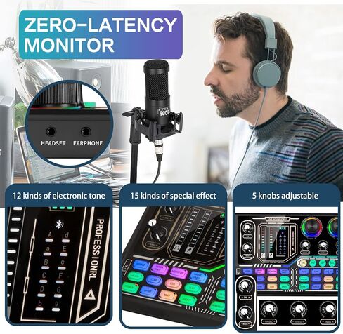 Podcast Equipment Bundle, Sound Card,Sound Board,Professional DJ Audio Interface Mixer, Portable ALL-IN-ONE Podcast Production Studio with XLR Microphone for Live Streaming, Recording and Gaming in Kuwait