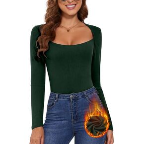 Women's Square Neck Thermal Long Sleeve Shirts Sexy Ribbed Slim Fitted Tops Winter Fleece Lined Casual Warm Base Layer