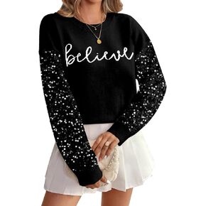 VILOVE Christmas Sequin Sweater Womens Believe Christmas Sweatshirt Crewneck Long Sleeve Xmas Holiday Knit Pullover Top