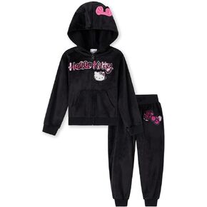 Hello Kitty Girls Velour Zip Up Hoodie and Jogger Pants Outfit Set Toddler to Big Kid Sizes (2T - 14-16)