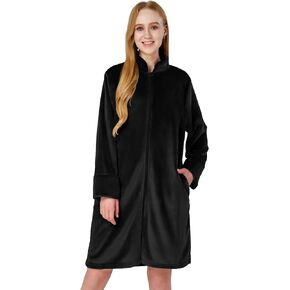 SIORO Fleece Robes for Women Plush Zipper Front Bathrobe Knee Length Warm Housecoat Long Sleeve Cozy Sleepwear with Pockets