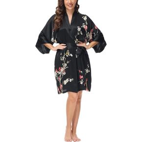 Women's Mulberry Silk Sleepwear 100% Silk Charmeuse Printed Short Robe Kimono