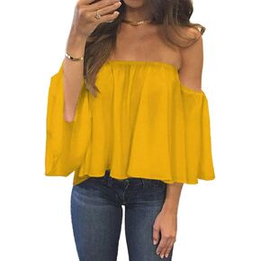 Bluetime Women Summer Off Shoulder Chiffon Blouse Ruffles Short Sleeves Tops Casual T Shirt