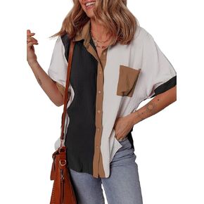 Dokotoo Blouses for Women Spring Summer Color Block V Neck Button Down Short Sleeve Shirts Casual Split Hem Tops with Pockets