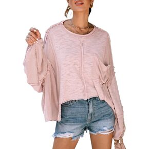 LEMAFER Women's Exposed Seam Chest Pocket Loose Sleeve Oversized Tunic Top Casual Solid Patchwork Long Sleeve Blouse