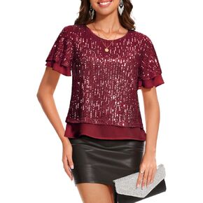 DRESSTELLS Women's Sparkly Sequin Tops, Glitter Holiday Party Cocktail Blouse, Ruffle Evening Club Concert Shirts