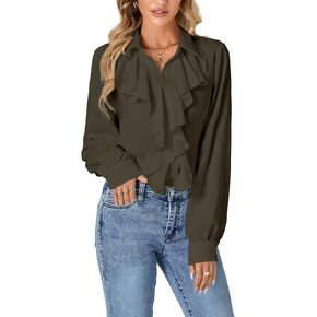 LYANER Women's Fall Long Sleeve Collar V Neck Button Down Ruffle Blouse Victorian Shirt Tops