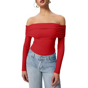XXTAXN Women's Trendy Sexy Off Shoulder Tshirts Long Sleeved Slim Fit Blouse Tops