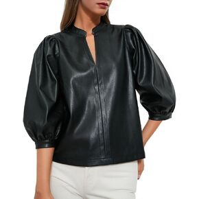 LifeShe Women's V Neck Faux Leather Blouse 3/4 Puff Sleeves PU Leather Shirts Club Party Tops