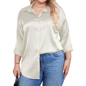 IN'VOLAND Womens Plus Size Satin Blouse Button Down Shirts Casual V Neck Long Sleeve Office Work Tops