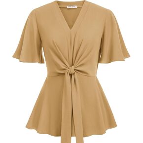 GRACE KARIN 2024 Women's Elegant V Neck Peplum Tops Tie Front Short Bell Sleeve Shirts Tops Blouse