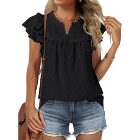 ANRABESS Womens Dressy Casual Shirts Summer V Neck Blouse Ruffle Short Sleeve Button Swiss Dot Blouse Lace Chiffon Tops