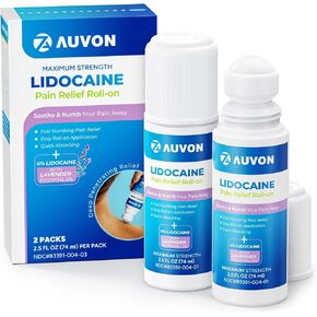 AUVON Max Strength Lidocaine Pain Relief Roll-On with Lavender Essential Oil, No Mess Applicator, Quick Absorbing to Numb & Soothe Pain Relief for Knees, Shoulders, FSA/HSA Eligible, 2.5 OZ, 2 Packs