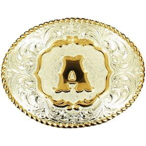 Unisex Adult Initial Belt Buckle with Hand Engraved Scrolls (Silver and Gold, 3 x 4 Inches)